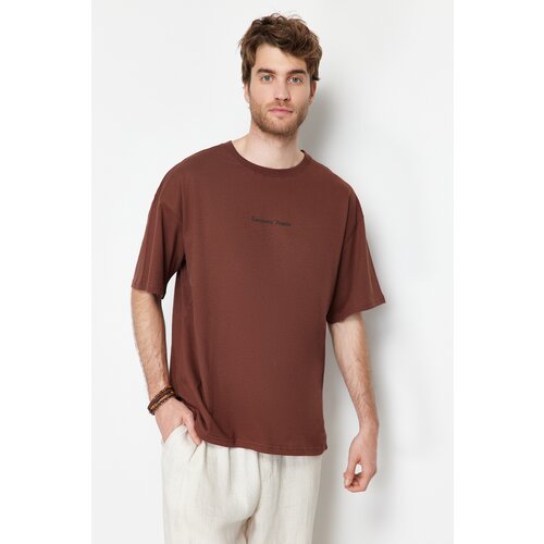 Trendyol Brown Men's Oversize Fluffy Flower Printed 100% Cotton T-Shirt Slike