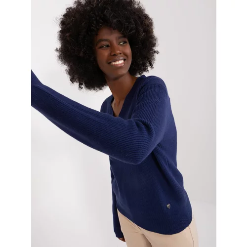 Fashion Hunters Navy Blue Plain Classic Neckline Sweater