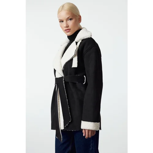 Trendyol Black Oversize Belted Plush Detailed Suede Coat