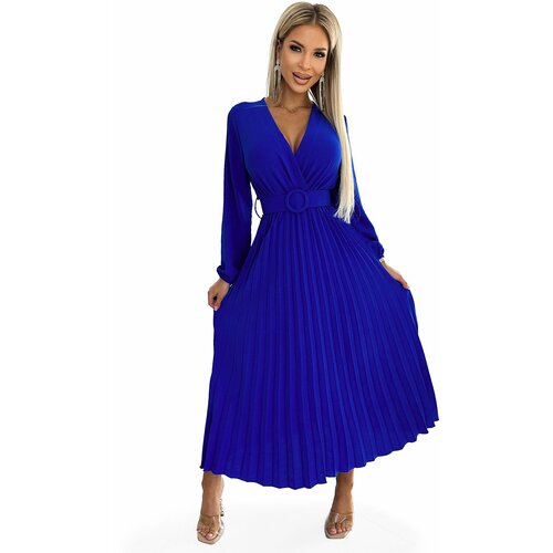 NUMOCO Pleated midi dress with a neckline, long sleeves and a wide belt Cene