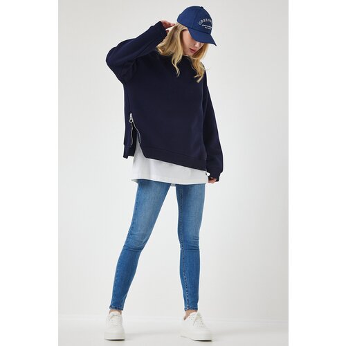 women's navy blue zipper detailed raised knitted sweatshirt Slike