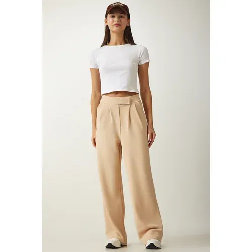 Happiness İstanbul Women's Cream Waist Velcro Comfortable Palazzo Pants