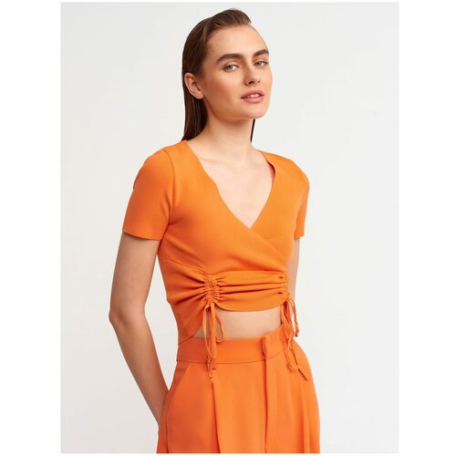 Dilvin 10194 Double Breasted Collar Front Pleated Knitwear Crop-orange Slike