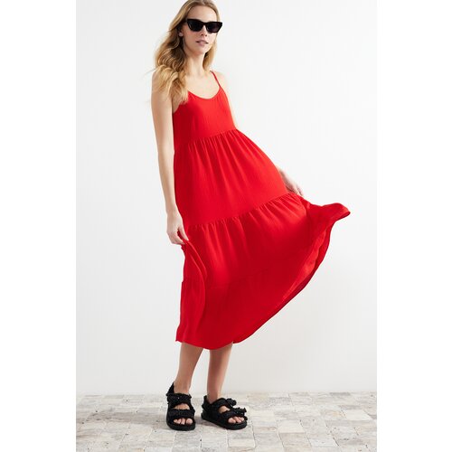 Trendyol Red Skirt Flounce Relaxed Cut Strap Midi Woven Dress Slike