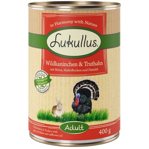  Varčno pakiranje Lukullus naravna hrana 24 x 400 g - Adult Divji zajec & puran Cijene