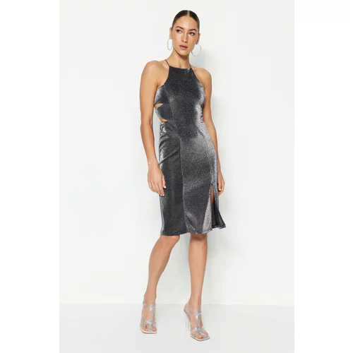 Trendyol Gray Fitted Knitted Evening Dress with Shimmering