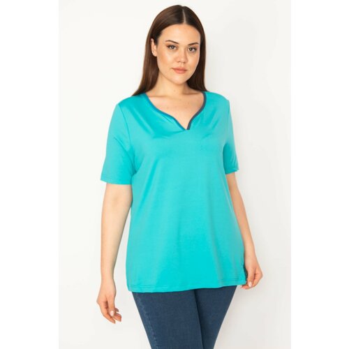 Şans Women's Turquoise Plus Size Collar Webbing Sports Blouse Slike