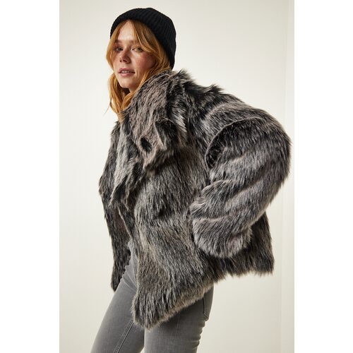 Happiness İstanbul Gray Premium Wide Collar Faux Fur Jacket Slike