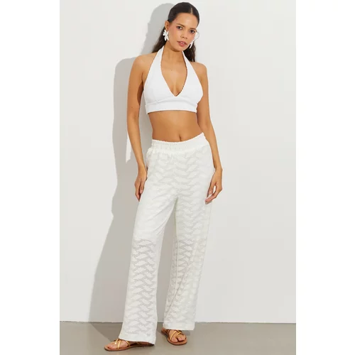 Cool & Sexy Women's White Elastic Waist Half-Lined Brode Brode Trousers