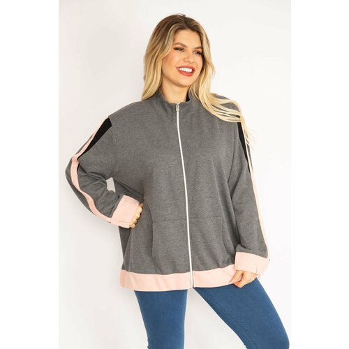 Şans Women's Plus Size Gray Front Zippered Kangaroo Pocket Sweatshirt Coat Slike