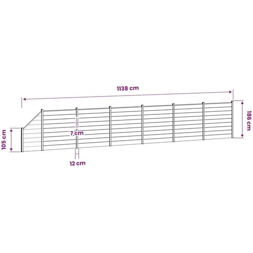  Set ograde 1138 x 186 cm WPC i aluminij Siva - Siva 6 sekcija + 1 nagnuta sekcija (tamno sivi stup) Slike