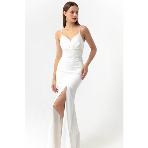 Lafaba Women's White Evening Dress with Straps and a Slit in Long Satin Prom. Slike