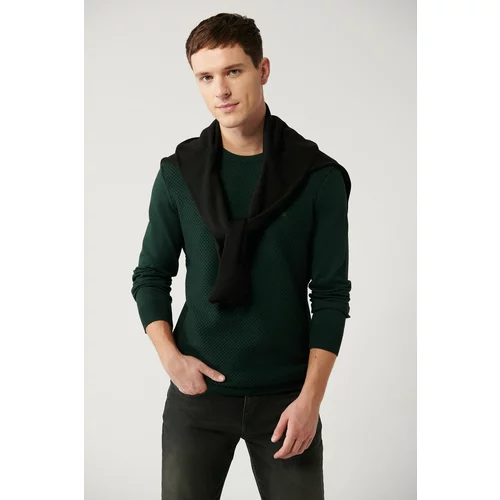 Avva Men's Green Knitwear Sweater Crew Neck Front Textured Cotton Standard Fit Regular Cut