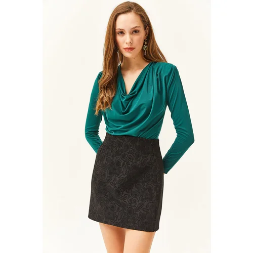 Olalook Women's Emerald Green Waistband Pleated Turndown Collar Blouse