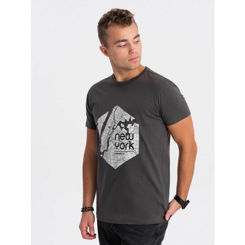 Ombre Men's cotton t-shirt with map motif print - graphite Slike