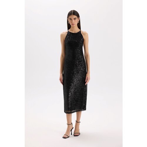 Defacto Christmas Themed Halter Neck Sequined Sleeveless Maxi Black Dress Slike