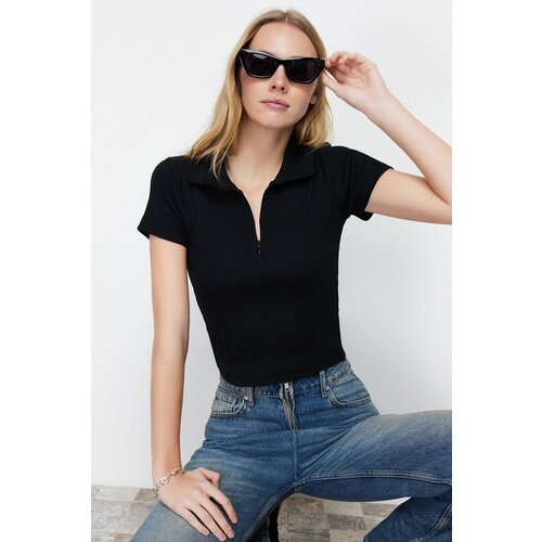 Trendyol Black Ribbed Stitching Detailed Polo Neck Crop Stretchy Knitted Blouse Slike