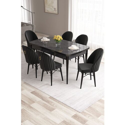Hanah home Roz - Black Marble, Black Black MarbleBlack Extendable Dining Table & Chairs Set (7 Pieces) Cene