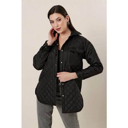 By Saygı Pockets with Snap Fastener, Checkered Patterned Quilted Coat Black Slike