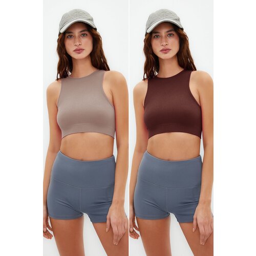 Trendyol Beige-Brown 2-Piece Seamless Lightly Supportive/Shaping Knitted Sports Bra Slike