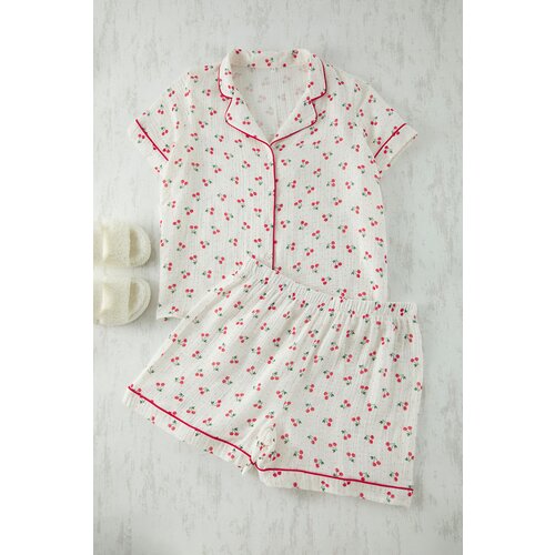 Trendyol Curve Ecru Cherry Patterned Piping Muslin Woven Pajama Set Slike