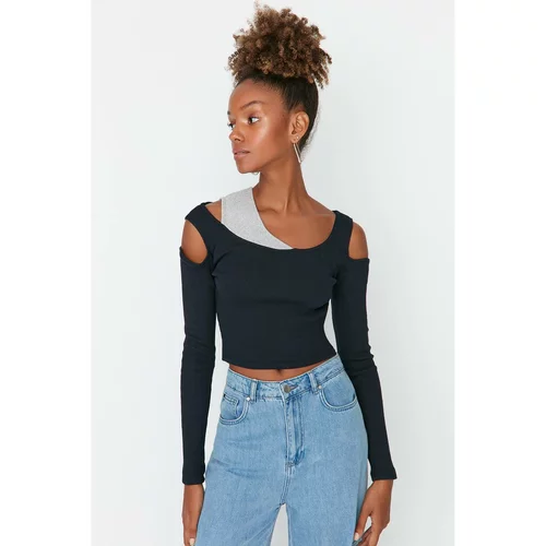 Trendyol Navy Blue Cut Out and Color Block Detailed Corduroy Knitted Blouse