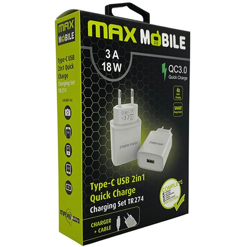  kućni Maxmobile 2u1 QC 3.0 QUICK CHARGE USB+ TYPE-C 18W Bijeli Cijene
