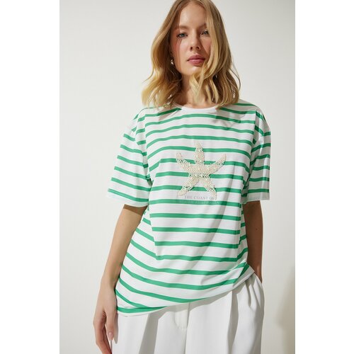 Happiness İstanbul Women's Green White Striped Star Pearl Embroidered Oversize Knitted T-Shirt Slike