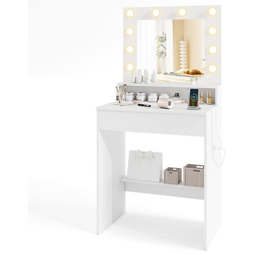 Costway Toaletna mizica z LED-osvetlitvijo Toaletna mizica z ogledalom v hollywoodskem slogu, bela, (5000366622) Slike