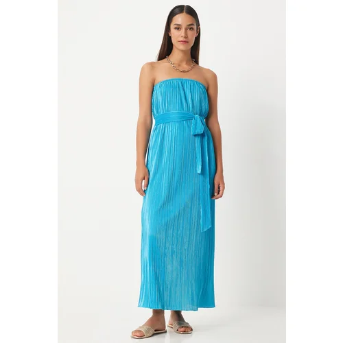 Happiness İstanbul Women's Light Blue Strapless Belted Pleated Dress