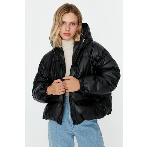 Trendyol Black Wide Cut Oversize Hooded Faux Leather Down Jacket Slike
