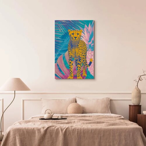  Slika - Exotic Leopard - Colorful Portrait of a Cheetah Against Tropical Leaves 40x60 Standard Slike