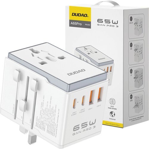 Dudao A65PRO TRAVEL ADAPTER 65W EU US JP AUS UK 2X USB-C 2X USB-A BEL, (21834926) Cene