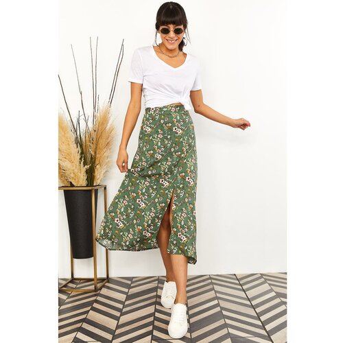Olalook Women's Floral Green Zippered Side Slit Viscose Skirt Slike
