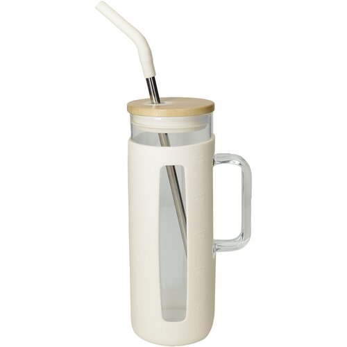 Brandani Kozarec s pokrovom in slamico Slim 600ml / bel / steklo, inox, silikon, les, (21317774) Cene