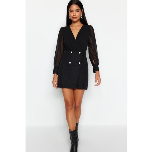 Trendyol Black Plain Fit Buttoned Woven Tweed Dress Slike
