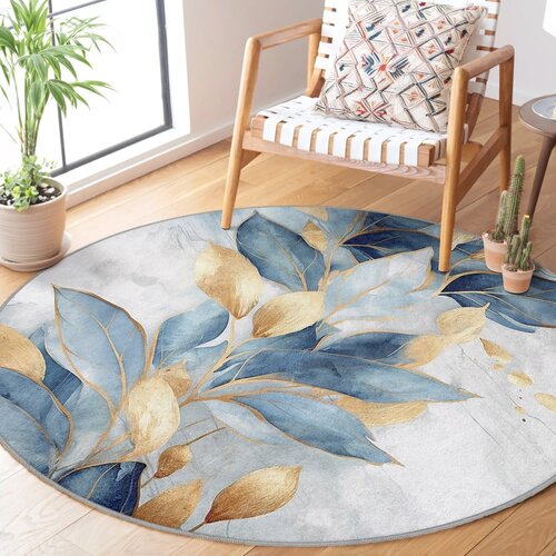 Mila Home modra/zlata pralna okrogla preproga &amp;oslash; 80 cm golden leaves &amp;ndash; Slike