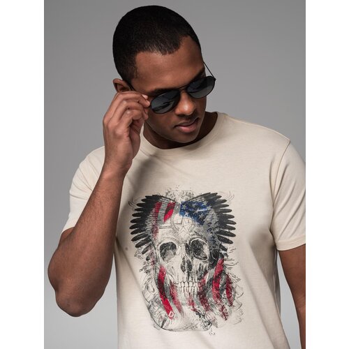 Ombre Men's cotton t-shirt with rock style print - cream Cijene