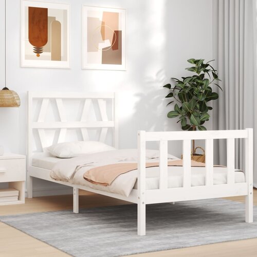 The Living Store Posteljni okvir z vzglavjem bel trden les - Posteljni Okvir, (21525430) Slike