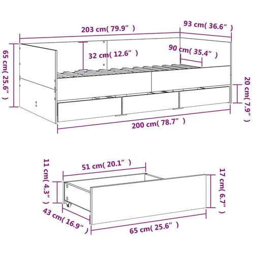 VidaXL Dnevni krevet s ladicama boja hrasta sonome 90 x 200 cm drveni Slike