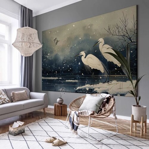  XXL slika - Herons over a winter pond - Japanese-style illustration in dark colours 200x133 Slike