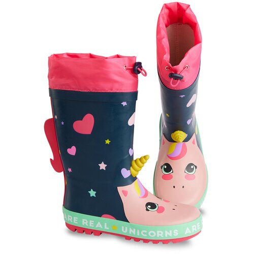 Denokids Heart Unicorn Girls' Navy Blue Pink Rain Boots Cene