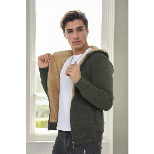 Dewberry 14455 Furry Hooded Mens Sports Slim Fit Cardigan-Khaki