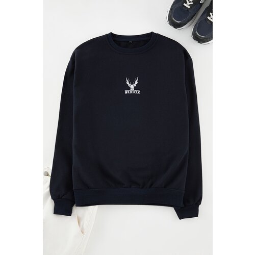 Trendyol Navy Blue Oversize/Wide Cut Crew Neck Long Sleeve Animal Embroidered Sweatshirt Slike