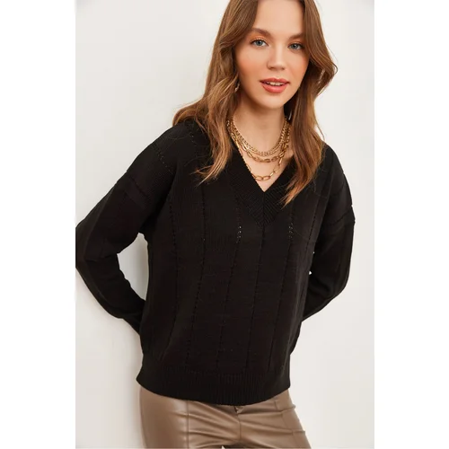 Olalook Women's Black V Neck Openwork Crop Knitwear Sweater