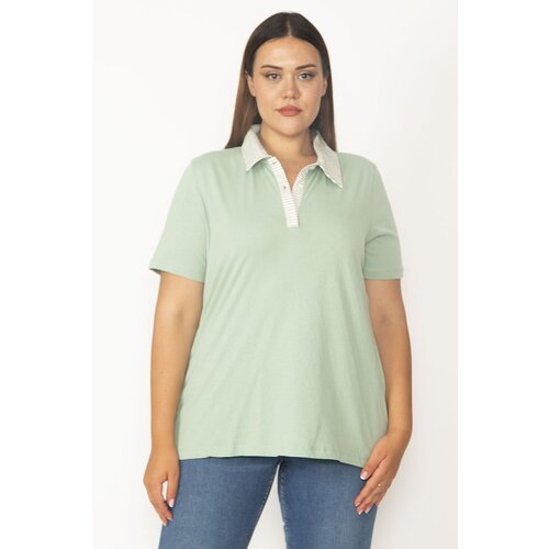 Şans Women&amp;#039;s Plus Size Green Cotton Fabric Polo Collar Pat Buttoned Blouse Slike