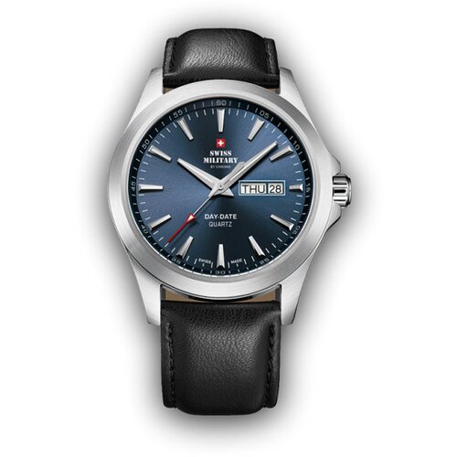 Swiss Military chrono quartz plavi srebrni elegantni ručni sat sa crnim kožnim kaišem 603246 Cene