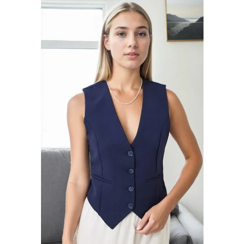 Dewberry 10202 Crop Woven Women Vest-NAVY