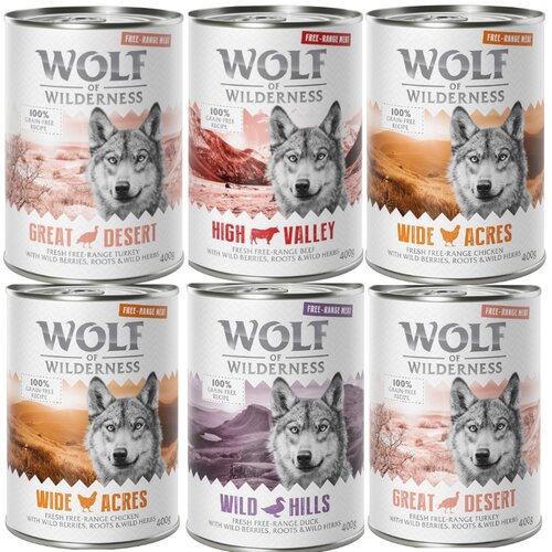 Wolf of Wilderness mešano pakiranje 6 x 400 g Miks "Free-Range Meat": 2 x puran, 2 x piščanec, govedina, raca Cene