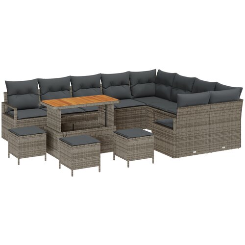 vidaXL 13-dijelni Vrtni Sofas Set s Jastučićima Sivi Poli Ratan Akacija, 4-dijelni Vrtni Set za Jelo s Jastučićima Sivi Poli Ratan Akacija, 2-sjedna Vrtna Sofa s Jastučićima Sivi Poli Ratan Cijene
